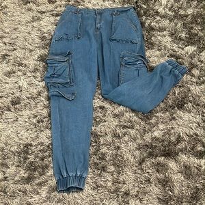 Cargo Medium Wash Denim Joggers - Blue